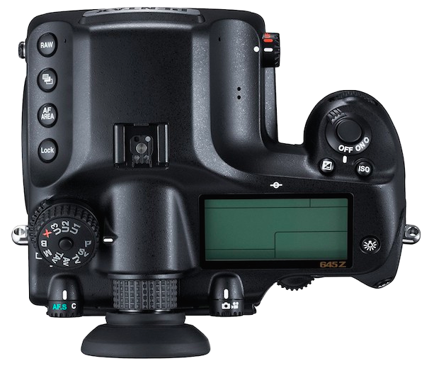 Seen from above, there are a few differences between the Pentax 645Z and the earlier 645D. There are 3 new User modes on the Mode dial; making it easy to access multiple settings groups that you've configured ahead of time. The line of buttons down the left side of the body have also been tweaked, with the SD buttons replaced by AF Area and Lock buttons, and the order changed to move the Bracketing Mode button forwards. There's also a new stereo microphone whose two ports straddle the sides of the viewfinder prism housing, and a two-hole speaker a little further back on the right side of the housing.