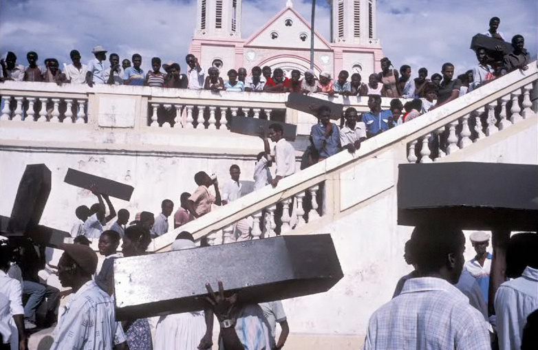 A memorial for victims of army violence, Haiti, Port-au-Prince, 1987. (c) Alex Webb